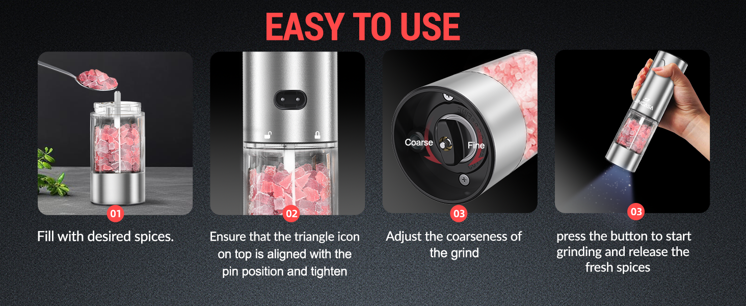 [Upgraded Larger Capacity] Electric Salt and Pepper Grinder Set with USB Charging Base, 95ml Large Capacity, Adjustable Coarseness,Stainless Steel Automatic Pepper Mill (Upgraded Capacity-A)