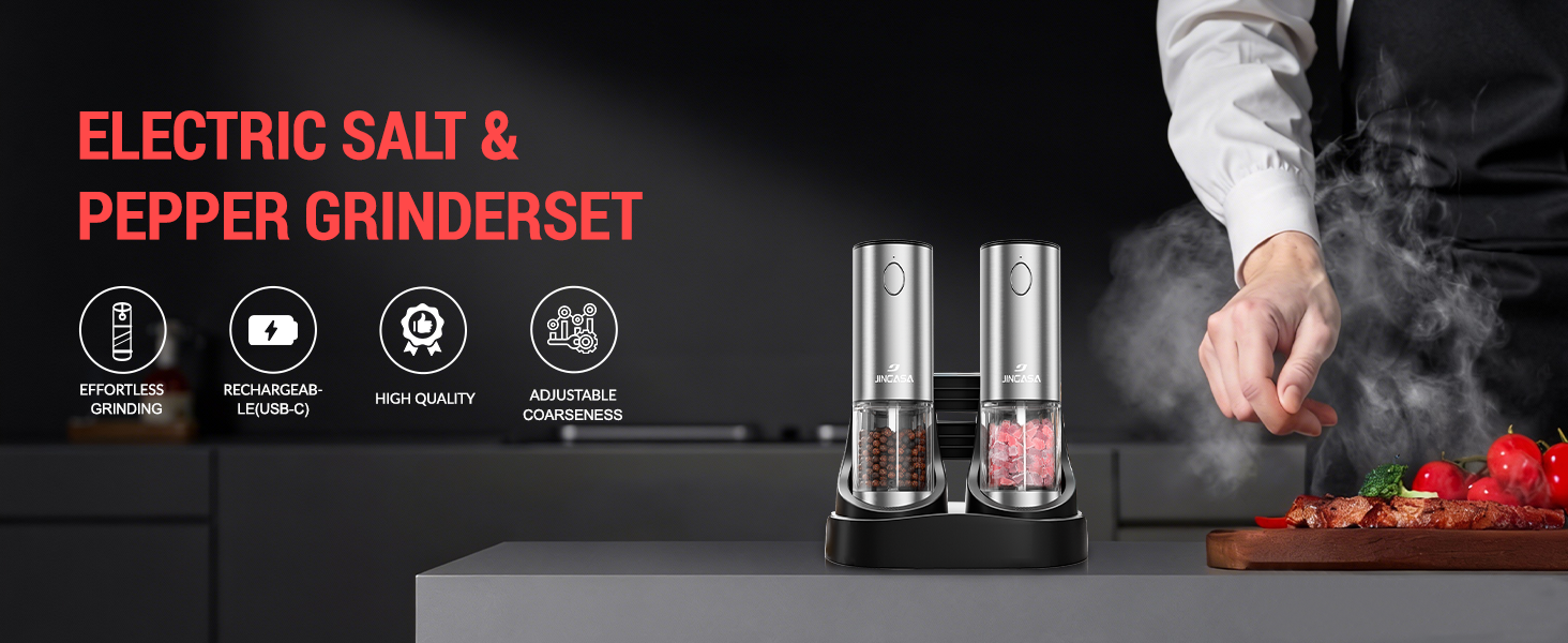 [Upgraded Larger Capacity] Electric Salt and Pepper Grinder Set with USB Charging Base, 95ml Large Capacity, Adjustable Coarseness,Stainless Steel Automatic Pepper Mill (Upgraded Capacity-A)