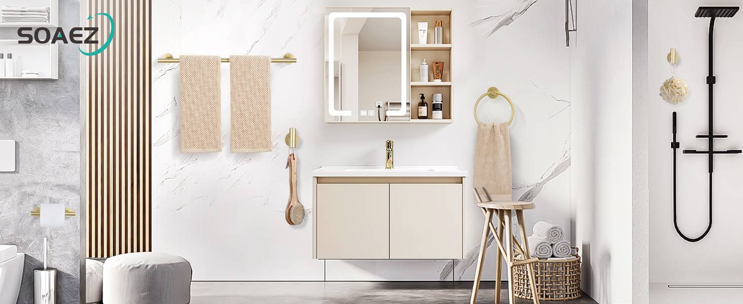 5 Pieces Brushed Gold Towel Bar Set, Upgraded Round Bathroom Hardware Accessories Set, Toilet Paper Holder Towel Holder Set for Bathroom Stainless Steel Wall Mounted 23.6Inch