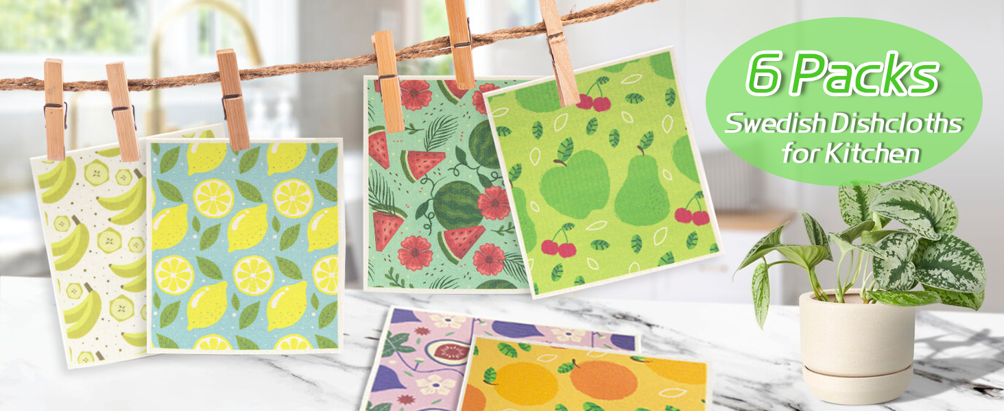 6 - Pack Swedish Kitchen Dish Cloths - Reusable Paper Towels for Counters & Dishes - Eco Friendly Cellulose Sponge Cloth (Sunflower)