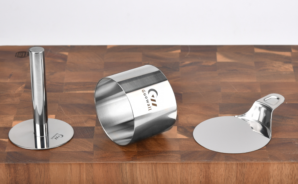 Guowall 6 pack Seamless Mousse Ring Set 3 inch Stainless Steel Round Cake Cutter Food Pastry Mold for Baking (Includes 1 Lifter, 1 Pusher and 6 Rings)