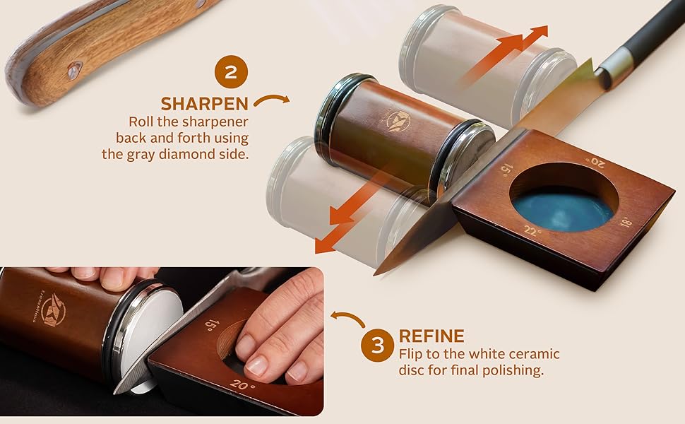 Tumbler Rolling Knife Sharpener Kit – Magnetic Manual System with 4 Angles & Walnut Base Diamond & Ceramic Discs | Kitchen Knife Sharpening Tool | Interchangeable, Easy & Safe Design