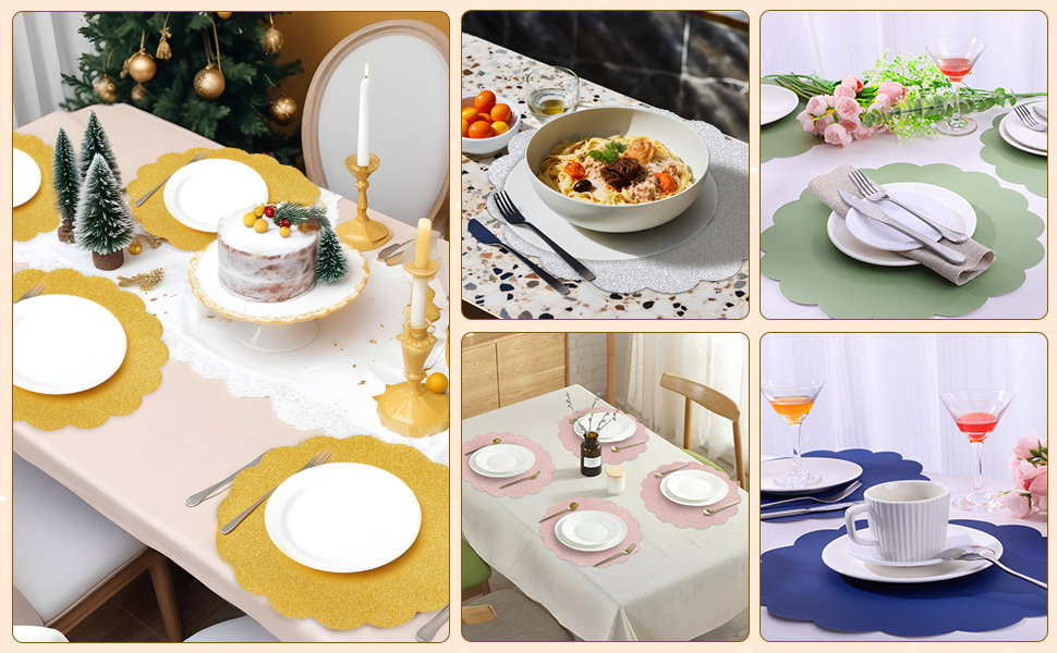 60 Pcs Sage Green Paper Placemats, 13.5 Inch Disposable Scalloped Easter Placemat Round Table Place Mats, Round Table Place Mats for Birthday Wedding Bridal Shower Baby Shower Banquet Tea Party