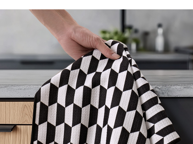 RECYCO Waffle Kitchen Towel Set of 2 - Quick Dry Microfiber Sustainable Dish Towels - Ultra Absorbent Reusable Cleaning Tea Towels - Lightweight Hand Towels,16”x 28”, Black & White Mirage