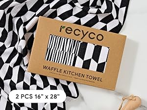 RECYCO Waffle Kitchen Towel Set of 2 - Quick Dry Microfiber Sustainable Dish Towels - Ultra Absorbent Reusable Cleaning Tea Towels - Lightweight Hand Towels,16”x 28”, Black & White Mirage