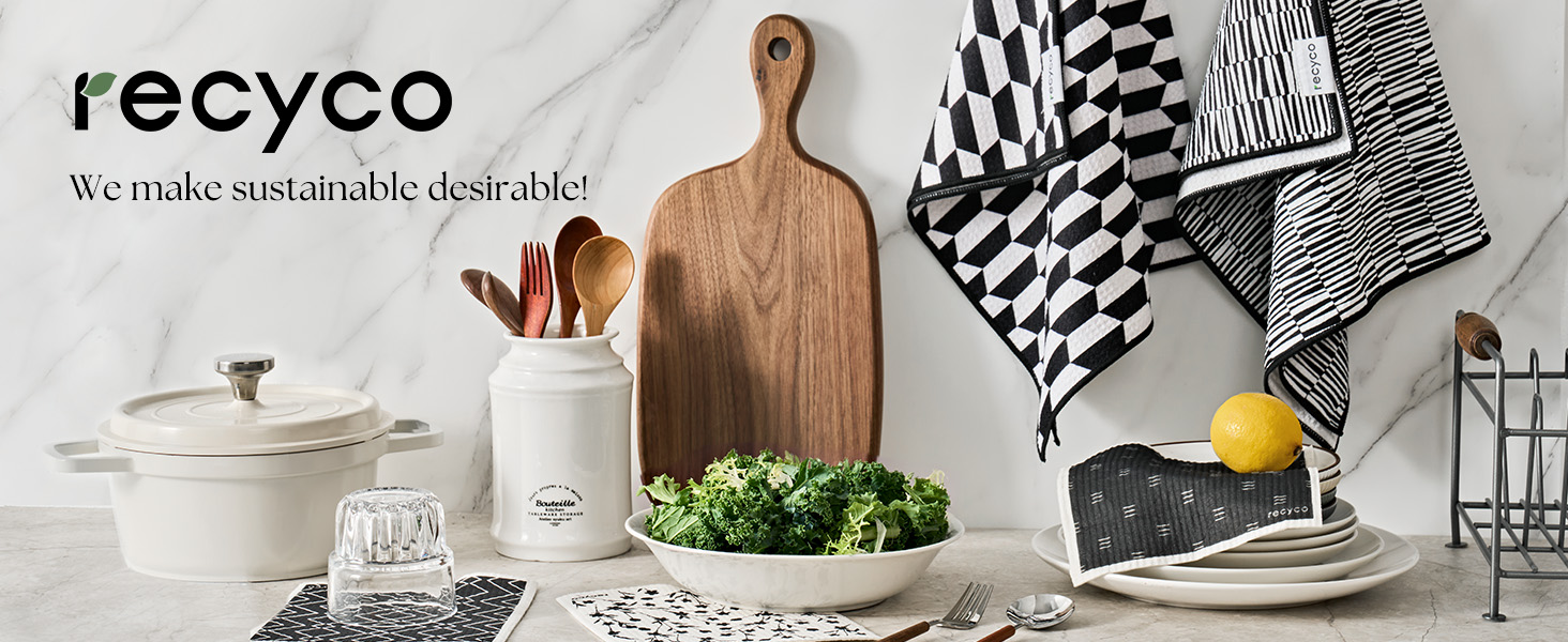 RECYCO Waffle Kitchen Towel Set of 2 - Quick Dry Microfiber Sustainable Dish Towels - Ultra Absorbent Reusable Cleaning Tea Towels - Lightweight Hand Towels,16”x 28”, Black & White Mirage