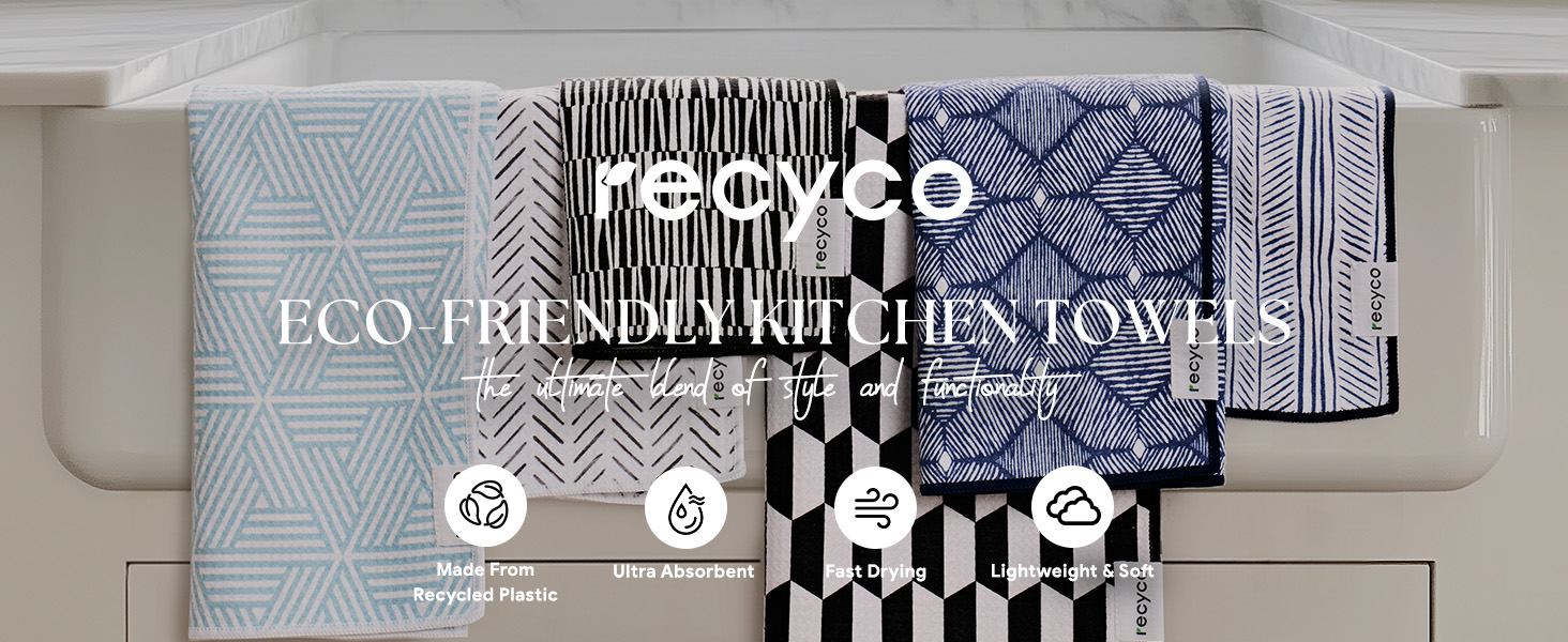 RECYCO Waffle Kitchen Towel Set of 2 - Quick Dry Microfiber Sustainable Dish Towels - Ultra Absorbent Reusable Cleaning Tea Towels - Lightweight Hand Towels,16”x 28”, Black & White Mirage