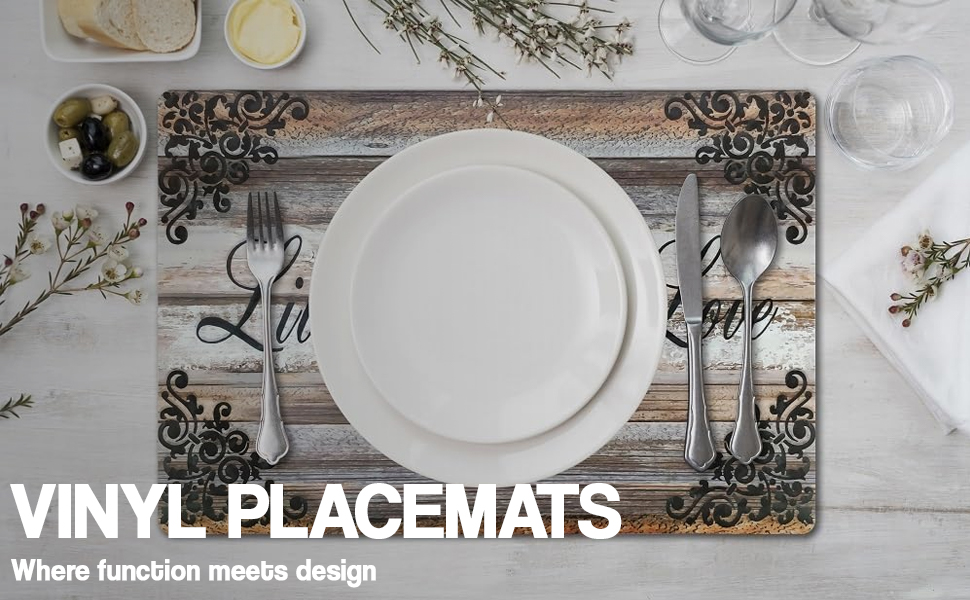 Vinyl Rectangular Placemats Set of 4 - Non Slip Place Mats Ideal for Indoor and Outdoor Dining Table - Washable and Heat Resistant Table Mat for Kitchen Tables (Live Laugh Love)