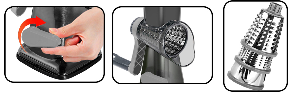 Cheese Grater Rotary Cheese Grater,Versatile Cheese Shredder,Blades for Shredding, Grating, Slicing,Cheese Shredder with Suction Base and Cleaning Brush Kitchen Gift (gray)