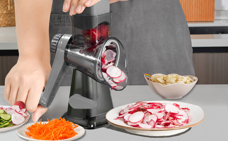 Cheese Grater Rotary Cheese Grater,Versatile Cheese Shredder,Blades for Shredding, Grating, Slicing,Cheese Shredder with Suction Base and Cleaning Brush Kitchen Gift (gray)