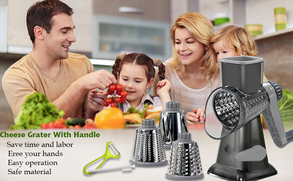 Cheese Grater Rotary Cheese Grater,Versatile Cheese Shredder,Blades for Shredding, Grating, Slicing,Cheese Shredder with Suction Base and Cleaning Brush Kitchen Gift (gray)
