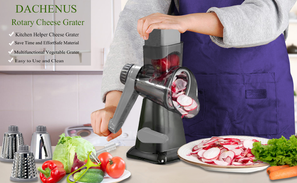 Cheese Grater Rotary Cheese Grater,Versatile Cheese Shredder,Blades for Shredding, Grating, Slicing,Cheese Shredder with Suction Base and Cleaning Brush Kitchen Gift (gray)