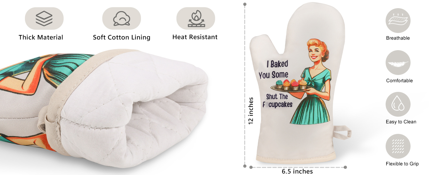 Miracu Funny Oven Mitts for Women, Cute Oven Mitt Set, Fun Kitchen Mittens, Baking Gifts for Women Bakers, Baker Gifts for Mom, Cooking Accessories, Retro Humor Mothers Day Bday Housewarming Presents
