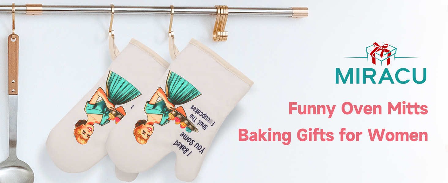 Miracu Funny Oven Mitts for Women, Cute Oven Mitt Set, Fun Kitchen Mittens, Baking Gifts for Women Bakers, Baker Gifts for Mom, Cooking Accessories, Retro Humor Mothers Day Bday Housewarming Presents