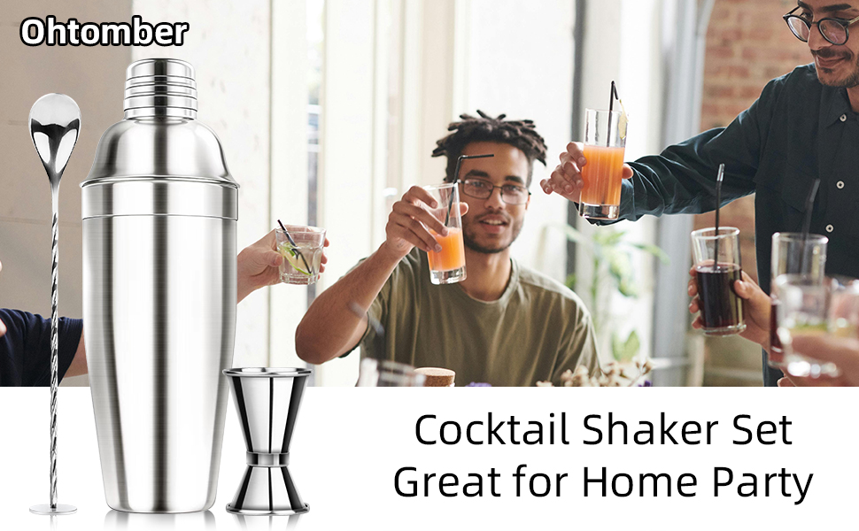 Ohtomber 24OZ Cocktail Shaker Set - Cocktail Bar Martini Drink Shaker Set with Strainer, Stainless Steel Bartender Kit Drink Mixer with Jigger, Mixing Spoon, Bar Accessories for Beginners