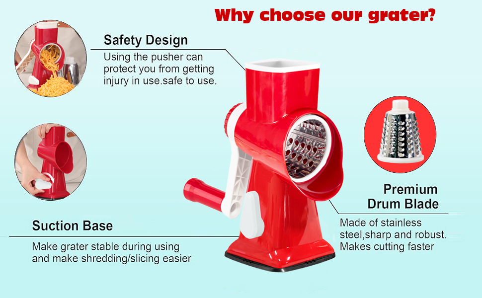 Rotary Cheese Grater with Handle, Multifunctional Kitchen tool, Stainless Steel Rotary Grater Slicer for Fruit, Vegetables, Nuts (Red)
