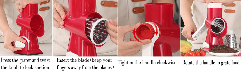 Rotary Cheese Grater with Handle, Multifunctional Kitchen tool, Stainless Steel Rotary Grater Slicer for Fruit, Vegetables, Nuts (Red)
