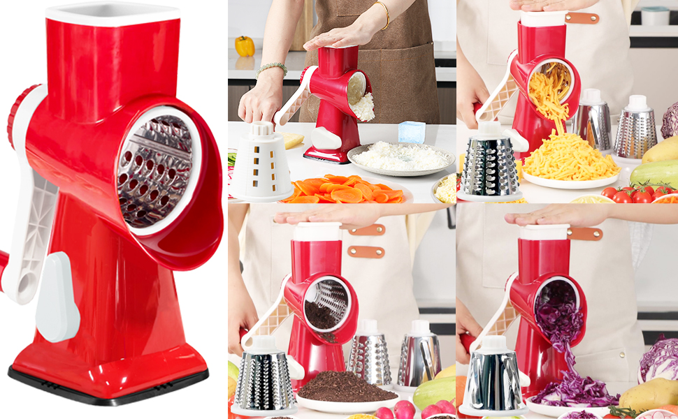 Rotary Cheese Grater with Handle, Multifunctional Kitchen tool, Stainless Steel Rotary Grater Slicer for Fruit, Vegetables, Nuts (Red)
