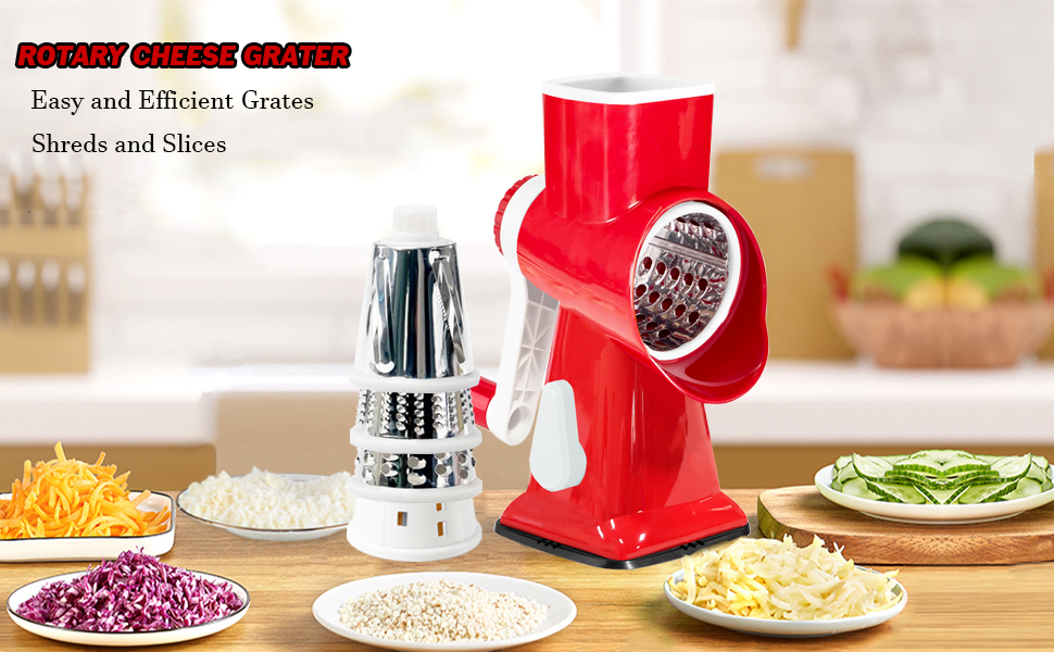 Rotary Cheese Grater with Handle, Multifunctional Kitchen tool, Stainless Steel Rotary Grater Slicer for Fruit, Vegetables, Nuts (Red)