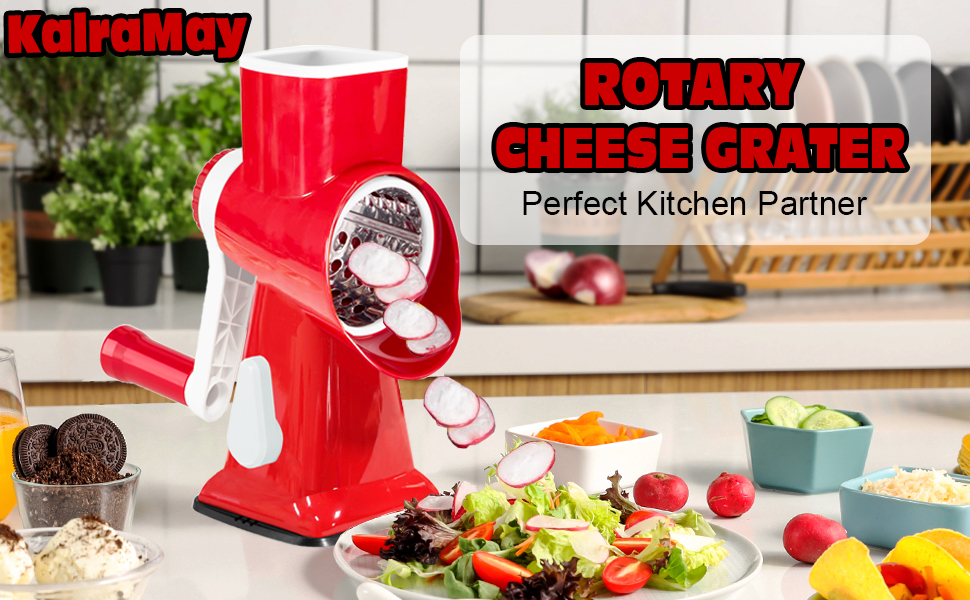 Rotary Cheese Grater with Handle, Multifunctional Kitchen tool, Stainless Steel Rotary Grater Slicer for Fruit, Vegetables, Nuts (Red)