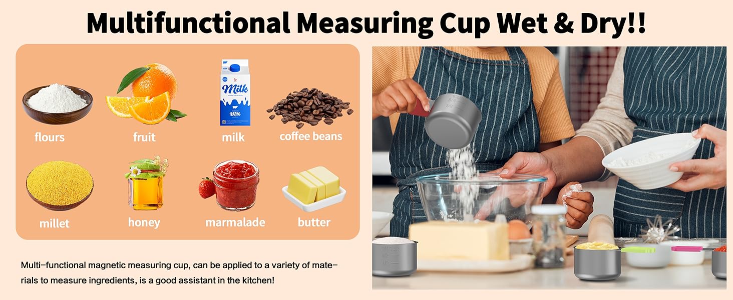 Magnetic Measuring Cups, 8 Stainless Steel Nesting Measuring Cup Set for Measuring Dry or Liquid Ingredients