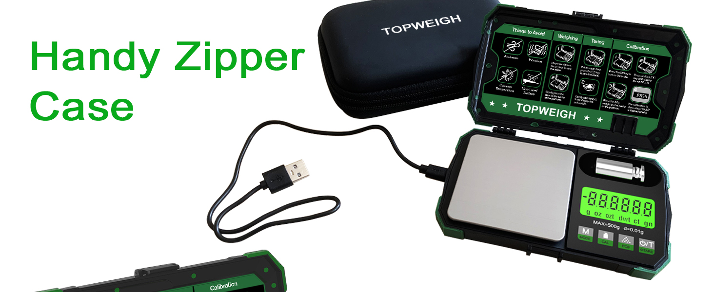 Pocket Scale, Dual Powered, Precision Gram Jewelry Scale with Zipper Case, Digital Small Coin Scale, Large Backlight Display, 500g x 0.01g, 6 Weighing Units,Cal Weight, USB Cable Included