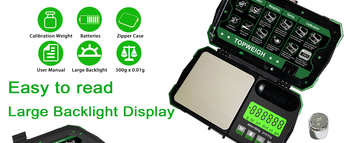 Pocket Scale, Dual Powered, Precision Gram Jewelry Scale with Zipper Case, Digital Small Coin Scale, Large Backlight Display, 500g x 0.01g, 6 Weighing Units,Cal Weight, USB Cable Included