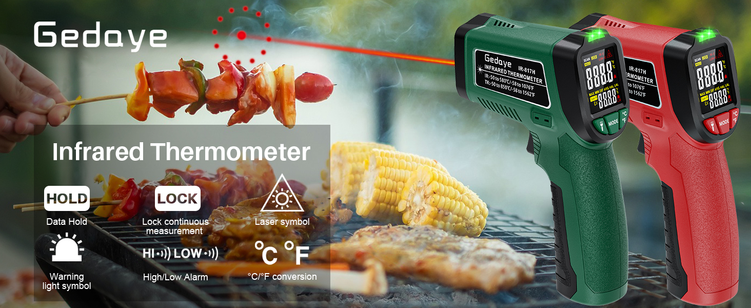 Infrared Thermometer for Cooking, Gedaye Surface Laser Temperature Gun with Laser Pointer 13:1, Metal Probe, Adjustable Emissivity, -58℉ to 1562℉, Thermal Thermometer Gun for Pizza Oven Engine HVAC