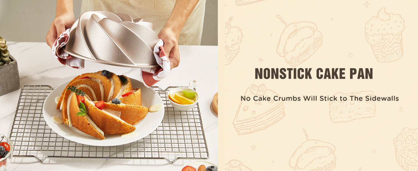 KITESSENSU Non-Stick Cake Pan, 9.5-Inch Aluminum Cake Mold, 8 Cup Fluted Heavy Duty Tube Pan, Durable Rust & Scratch-Resistant, Baking Mold for Jello, Gelatin, Chocoflan, Flan, Marissa, Gold