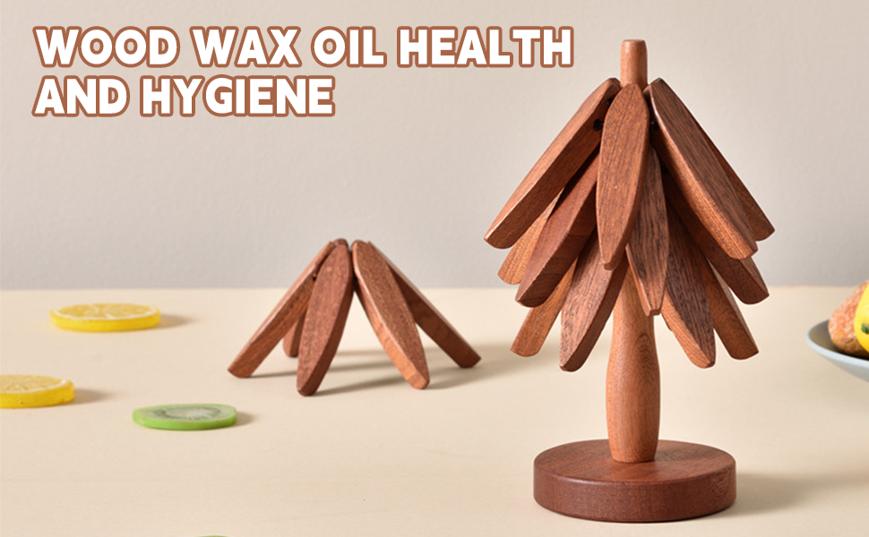 Wooden Trivets for Hot Dishes, Tree Shape Trivet Set, 4 Walnut Wood + 1 Stand stored Like a Christmas Tree,Foldable Kitchen Wooden Trivet,for Hot Dishes、Pot、Bowl、Teapot、Hot Pot Holder(Walnut Wood)