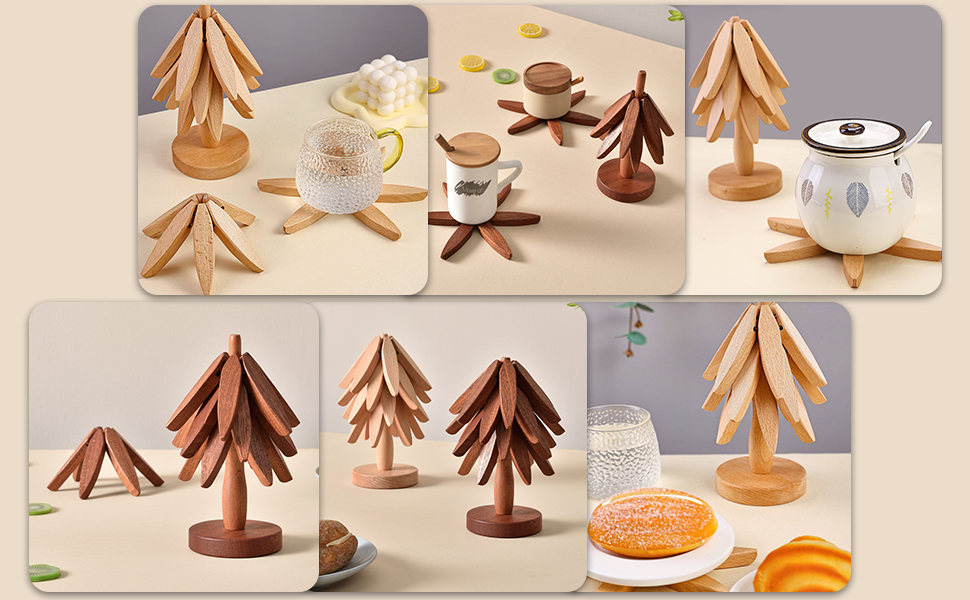 Wooden Trivets for Hot Dishes, Tree Shape Trivet Set, 4 Walnut Wood + 1 Stand stored Like a Christmas Tree,Foldable Kitchen Wooden Trivet,for Hot Dishes、Pot、Bowl、Teapot、Hot Pot Holder(Walnut Wood)