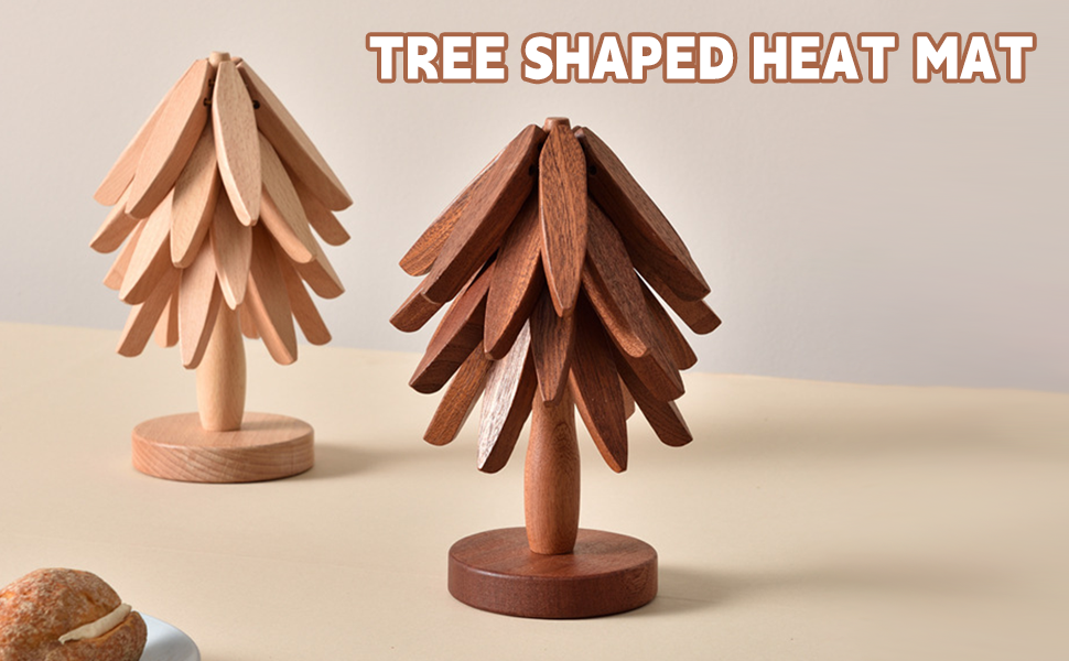 Wooden Trivets for Hot Dishes, Tree Shape Trivet Set, 4 Walnut Wood + 1 Stand stored Like a Christmas Tree,Foldable Kitchen Wooden Trivet,for Hot Dishes、Pot、Bowl、Teapot、Hot Pot Holder(Walnut Wood)
