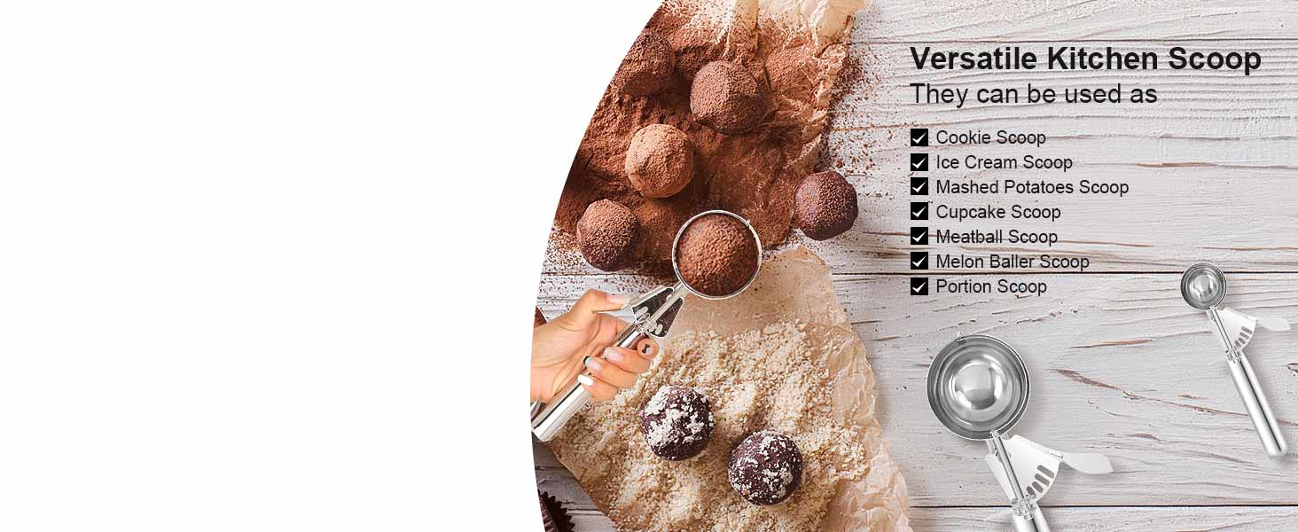 Cookie Scoops Set of 3 Ice Cream Scoop with Trigger 18/8 Stainless Steel, 3PCS Different Size Cupcake Scoop for Baking Mashed Potatoes Meatball Watermelon Muffin Batter Measuring (4oz + 2oz + 0.8oz)