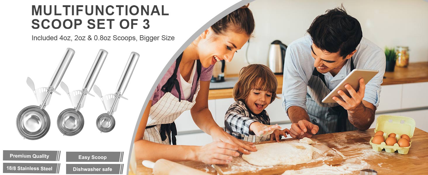 Cookie Scoops Set of 3 Ice Cream Scoop with Trigger 18/8 Stainless Steel, 3PCS Different Size Cupcake Scoop for Baking Mashed Potatoes Meatball Watermelon Muffin Batter Measuring (4oz + 2oz + 0.8oz)