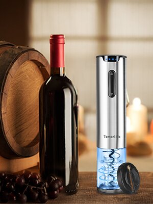 Electric Wine Opener Tomentific, Rechargeable Automatic Wine Corkscrew Bottle Opener With Foil Cutter, Type-C Charging Wine Openers With LED Light For Home Party Wedding Gifts (Stainless Steel)