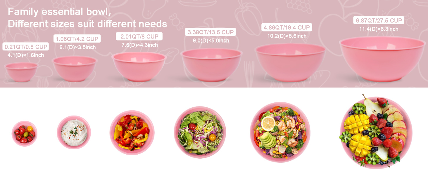 BoxedHome BPA Free Plastic Round Mixing Bowl with Lids, 12 Pack Nesting Bowls with Lids Set, Microwave and Dishwasher Safe Prep & Serving Bowls Great for Mixing, Baking, Serving (Pink, 12pcs)