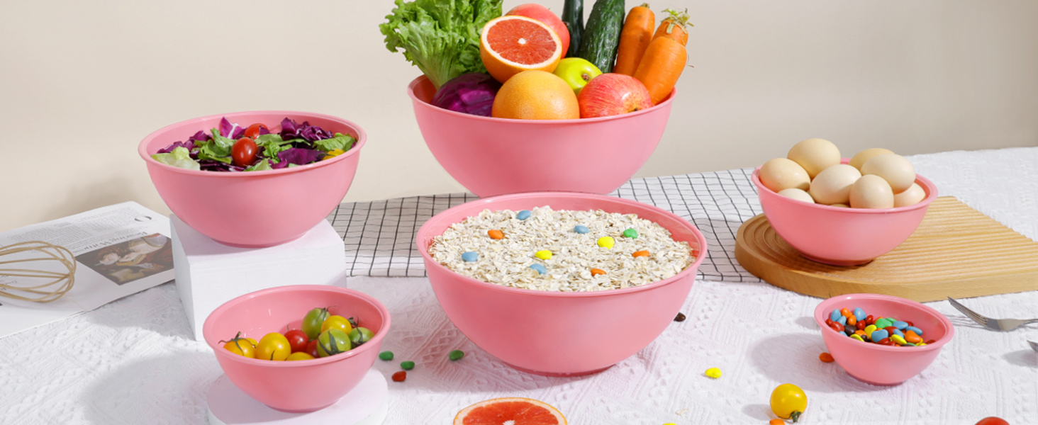 BoxedHome BPA Free Plastic Round Mixing Bowl with Lids, 12 Pack Nesting Bowls with Lids Set, Microwave and Dishwasher Safe Prep & Serving Bowls Great for Mixing, Baking, Serving (Pink, 12pcs)