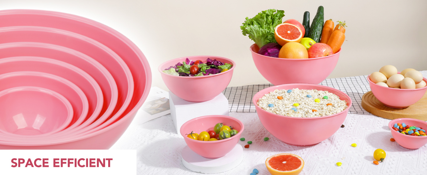 BoxedHome BPA Free Plastic Round Mixing Bowl with Lids, 12 Pack Nesting Bowls with Lids Set, Microwave and Dishwasher Safe Prep & Serving Bowls Great for Mixing, Baking, Serving (Pink, 12pcs)