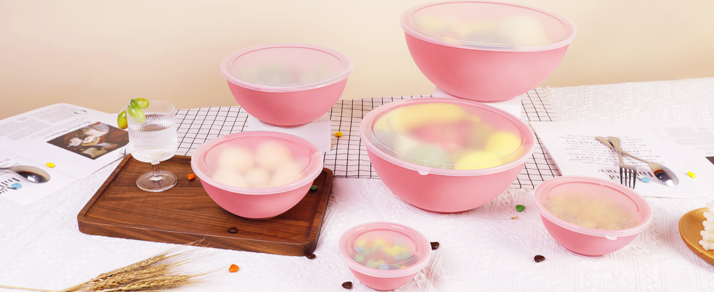BoxedHome BPA Free Plastic Round Mixing Bowl with Lids, 12 Pack Nesting Bowls with Lids Set, Microwave and Dishwasher Safe Prep & Serving Bowls Great for Mixing, Baking, Serving (Pink, 12pcs)