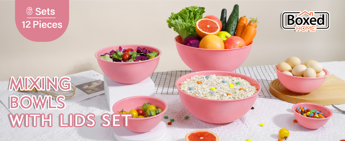 BoxedHome BPA Free Plastic Round Mixing Bowl with Lids, 12 Pack Nesting Bowls with Lids Set, Microwave and Dishwasher Safe Prep & Serving Bowls Great for Mixing, Baking, Serving (Pink, 12pcs)