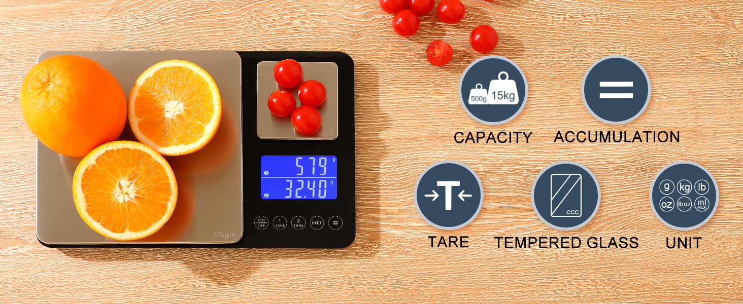 KitchenTour Dual Platform Digital Kitchen Scale with Total Weight Function - 500g/0.1g & 15kg/1g - Accurate for Cooking and Baking Black