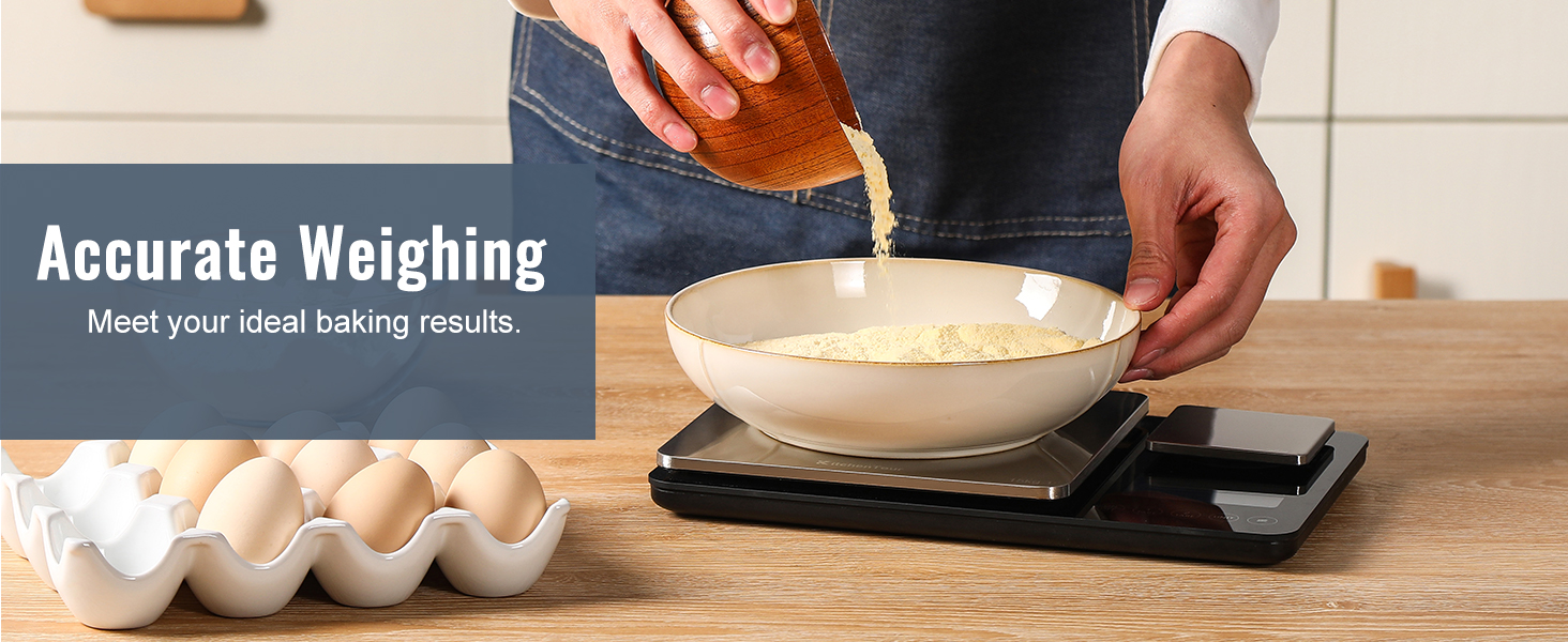 KitchenTour Dual Platform Digital Kitchen Scale with Total Weight Function - 500g/0.1g & 15kg/1g - Accurate for Cooking and Baking Black