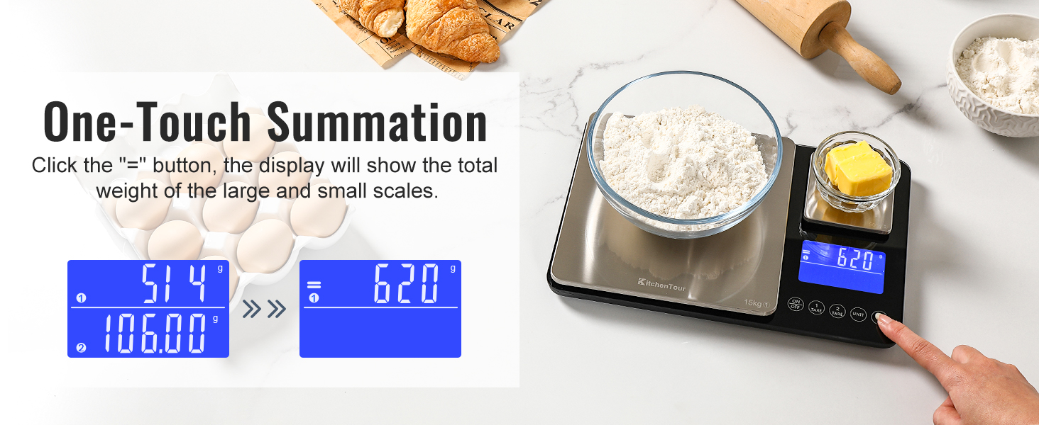 KitchenTour Dual Platform Digital Kitchen Scale with Total Weight Function - 500g/0.1g & 15kg/1g - Accurate for Cooking and Baking Black