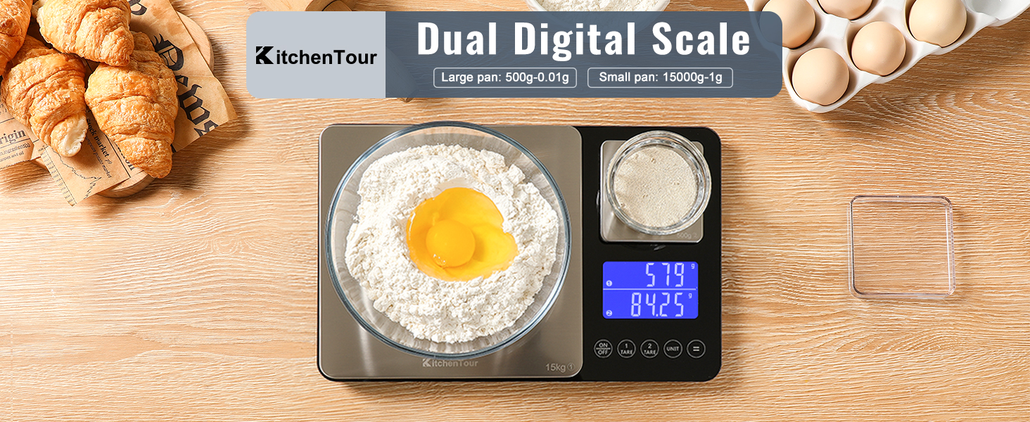 KitchenTour Dual Platform Digital Kitchen Scale with Total Weight Function - 500g/0.1g & 15kg/1g - Accurate for Cooking and Baking Black