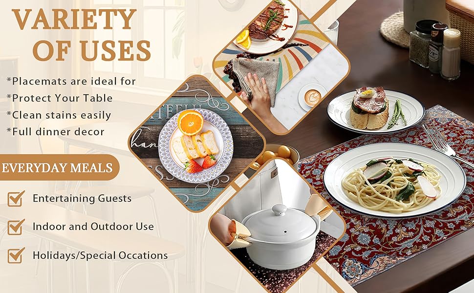 Thankful Grateful Blessed Placemats Set of 6 Place Mats for Kitchen Table Washable Farmhouse Linen Table Mats Dining Decoration 12x18 Inch