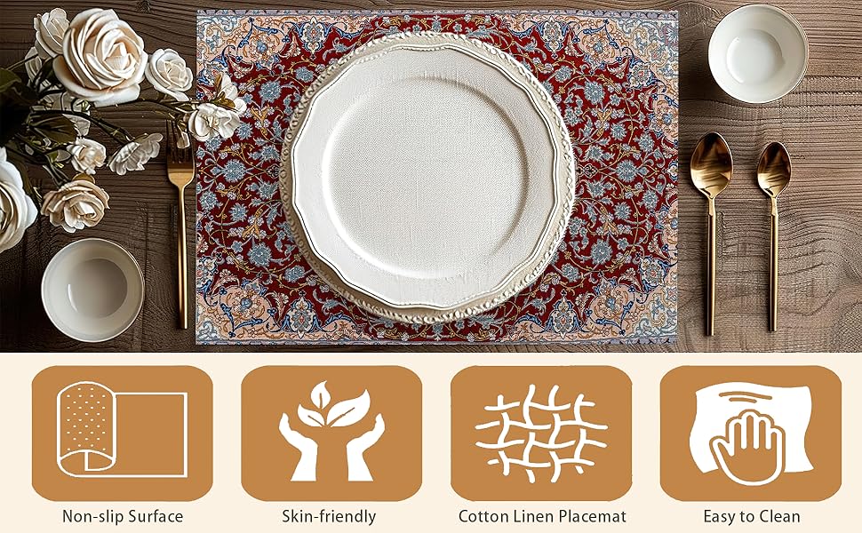 Thankful Grateful Blessed Placemats Set of 6 Place Mats for Kitchen Table Washable Farmhouse Linen Table Mats Dining Decoration 12x18 Inch