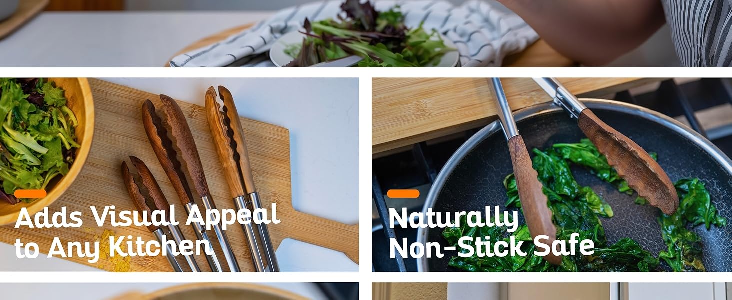 Boxiki Kitchen 9 Inch Tongs for Cooking with Wooden Tips - Nonstick Kitchen Tongs for Serving Food, Grilling, Cooking, BBQ and Tossing Salad - Made of Natural Walnut Wood