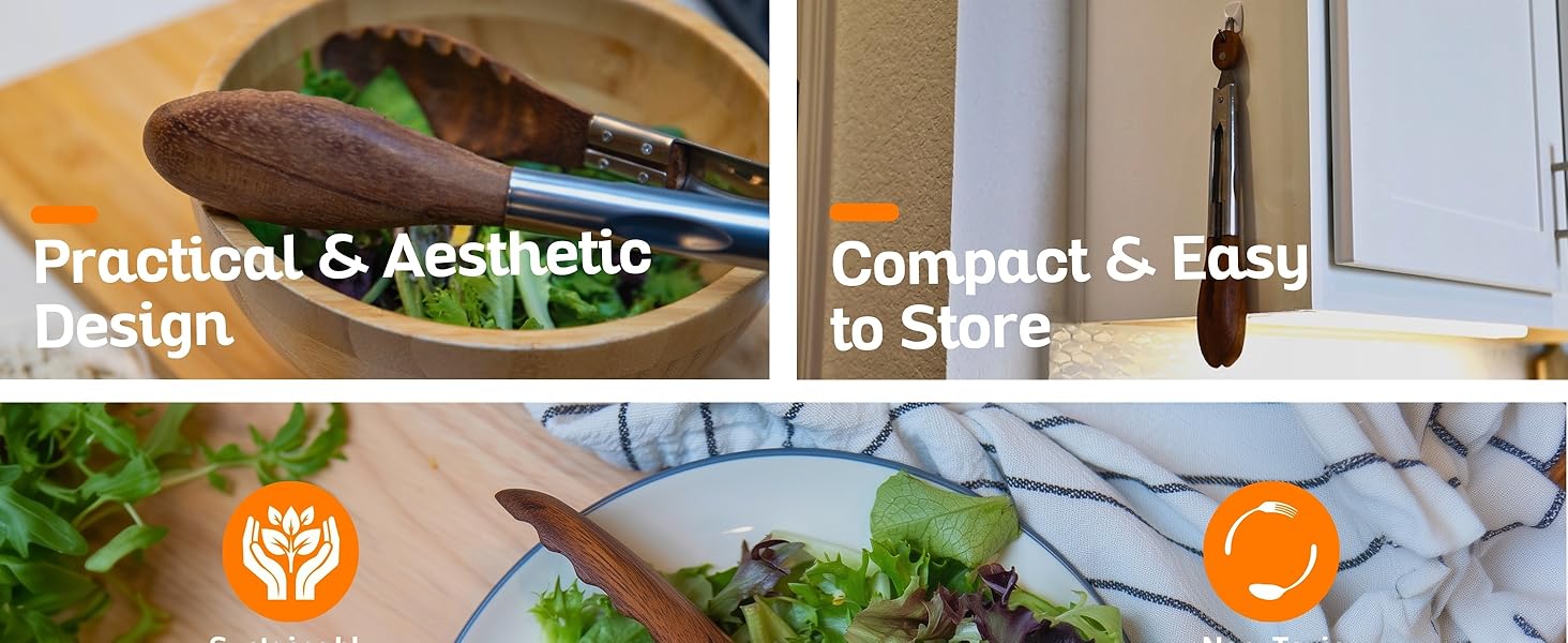 Boxiki Kitchen 9 Inch Tongs for Cooking with Wooden Tips - Nonstick Kitchen Tongs for Serving Food, Grilling, Cooking, BBQ and Tossing Salad - Made of Natural Walnut Wood