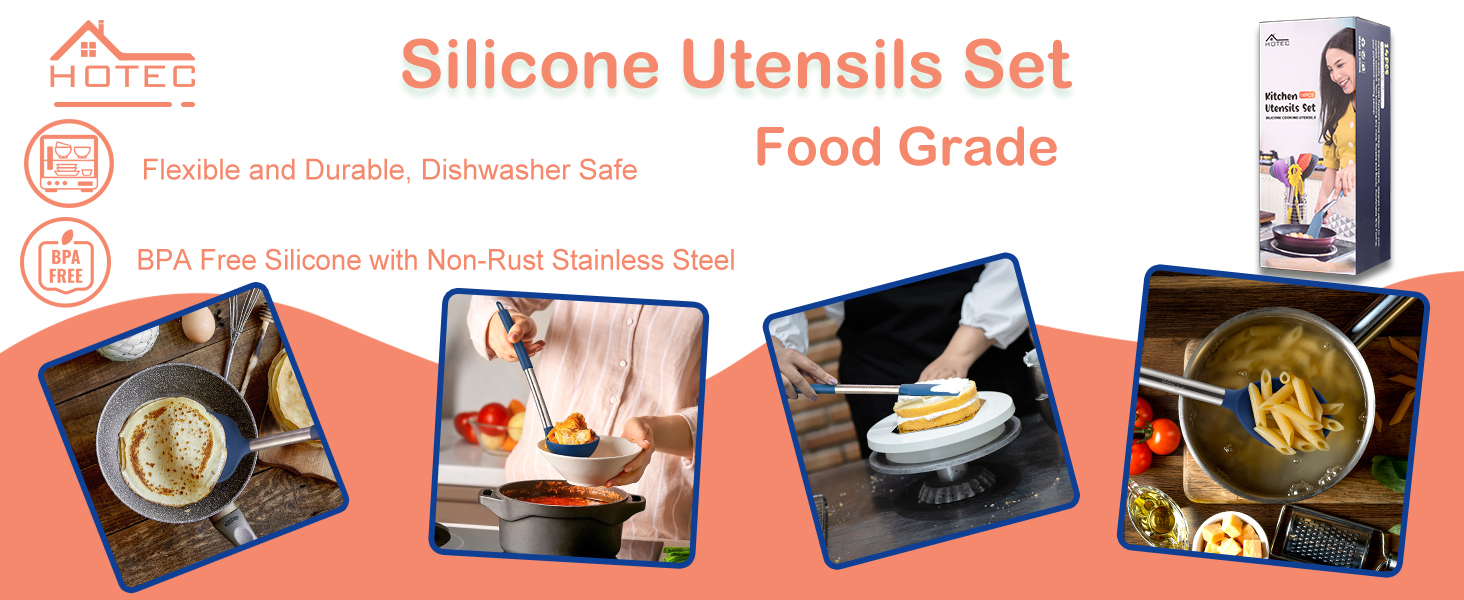 HOTEC 446°F Heat Resistant Silicone Kitchen Utensils, BPA Free Cooking Utensil Set, Spatula Set, Kitchen Gadgets, with Stainless Steel Utensils Holder, Dishwasher Safe, 14pcs Classic Blue