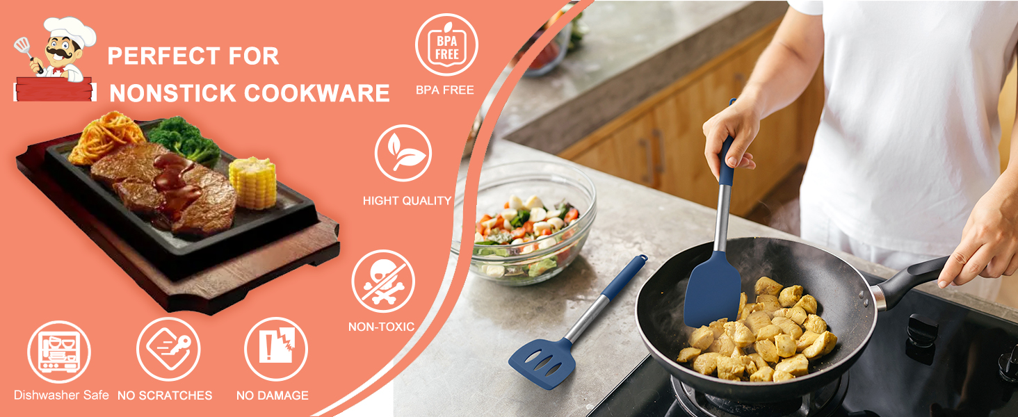 HOTEC 446°F Heat Resistant Silicone Kitchen Utensils, BPA Free Cooking Utensil Set, Spatula Set, Kitchen Gadgets, with Stainless Steel Utensils Holder, Dishwasher Safe, 14pcs Classic Blue